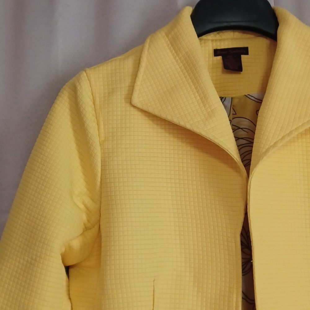 Sara Isabella Bright Yellow Square Textured Jacket Open Front Floral Lined Sz S - Picture 4 of 15